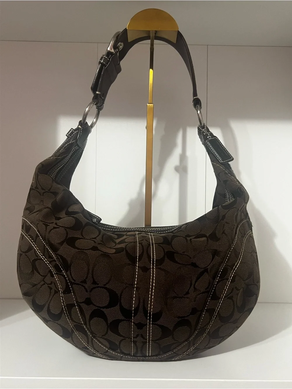 Coach Brown Signature Canvas Hobo Bag with Dark Brown Leather Trim
